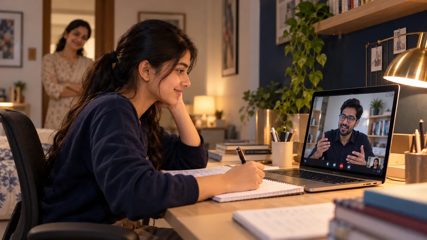 A student in a live 1-to-1 online class at home while her mother looks on