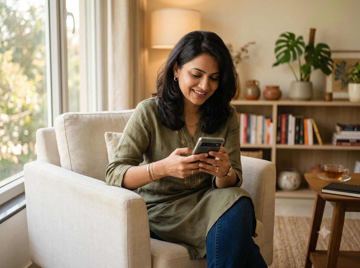Indian mother reading progress report on phone