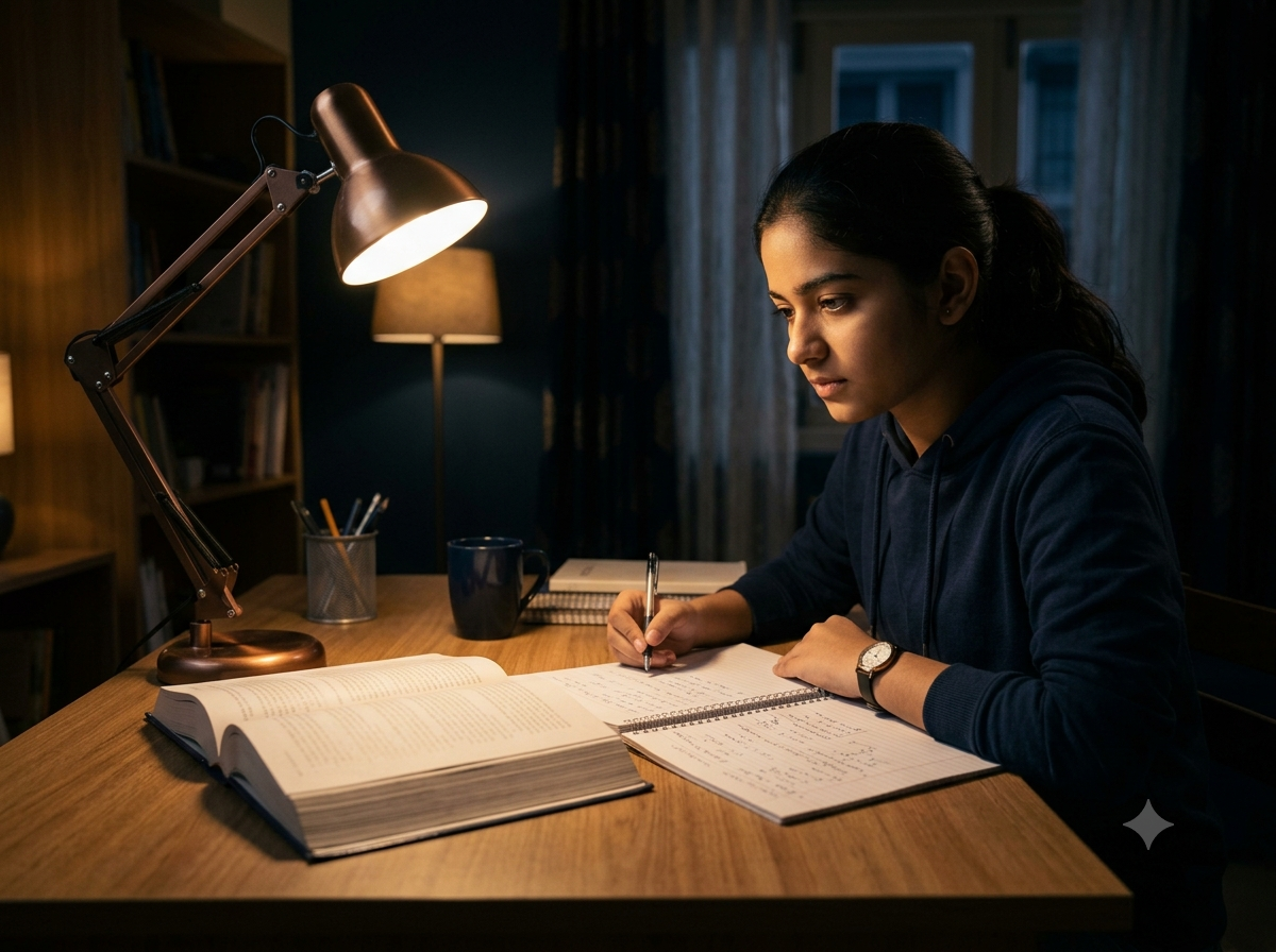 Student studying intensely at desk