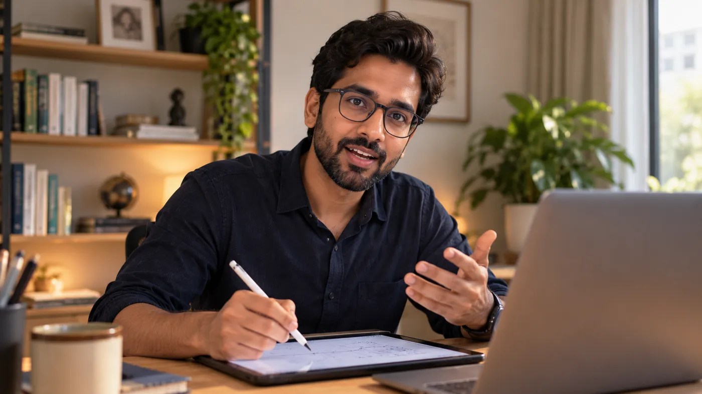 A Studyverse teacher explaining a concept on a tablet during a live 1-to-1 class