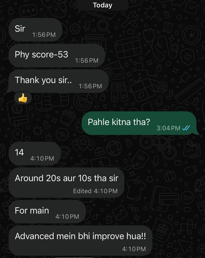 WhatsApp message from a student: Physics score 53, up from 14